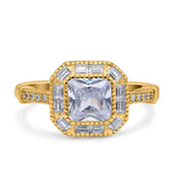 Art Deco Cushion Engagement Bezel Ring Yellow Tone, Simulated CZ Solid 925 Sterling Silver