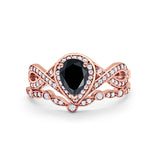 Teardrop Wedding Ring Piece Band Rose Tone, Simulated Black CZ 925 Sterling Silver