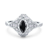 Marquise Art Deco Engagement Ring Accent Simulated Black CZ 925 Sterling Silver