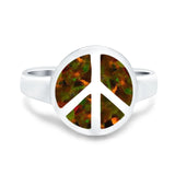 Peace Sign Ring Inlay Round Lab Created Black Opal 925 Sterling Silver