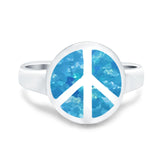 Peace Sign Ring Inlay Round Lab Created Blue Opal 925 Sterling Silver