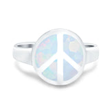 Peace Sign Ring Inlay Round Lab Created White Opal 925 Sterling Silver