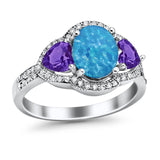 Halo Oval Lab Created Blue Opal Heart Amethyst CZ Ring 925 Sterling Silver