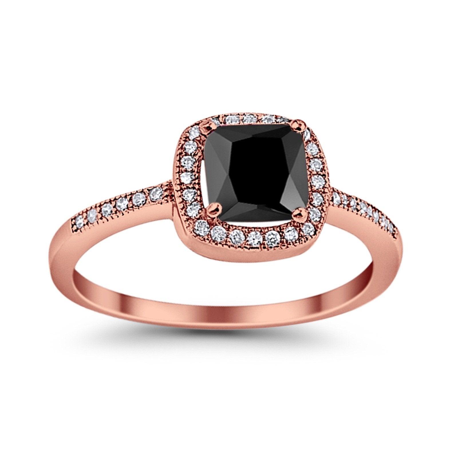 Halo Accent Engagement Ring Rose Tone, Simulated Black CZ 925 Sterling Silver