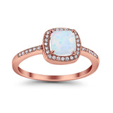 Halo Accent Engagement Ring Rose Tone, Lab Created White Opal 925 Sterling Silver