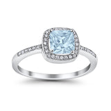 Halo Accent Engagement Ring Simulated Aquamarine CZ 925 Sterling Silver