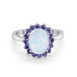 Halo Ring Simulated Amethyst Oval Lab Created White Opal 925 Sterling Silver