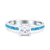 Solitaire Accent Ring Princess Created Blue Opal Simulated Cubic Zirconia 925 Sterling Silver