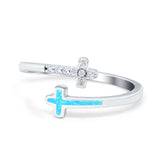 Cross Ring Sideways Round Eternity Lab Created Light Blue Opal 925 Sterling Silver