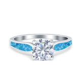 Solitaire Accent Engagement Ring Created Blue Opal Round Simulated Cubic Zirconia 925 Sterling Silver