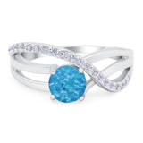 Art Deco Wedding Crisscross Ring Round Lab Created Blue Opal 925 Sterling Silver