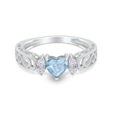 Filigree Heart Promise Wedding Ring Simulated Aquamarine CZ 925 Sterling Silver