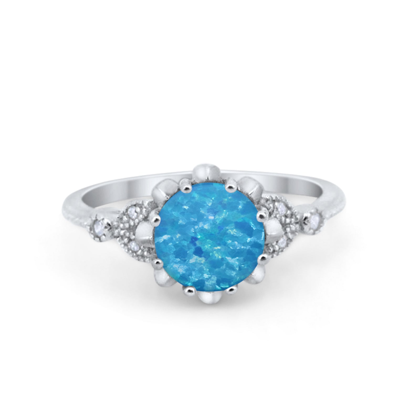 Art Deco Design Fashion Ring Lab Created Light Blue Opal 925 Sterling Silver