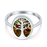 Oval Tree of Life Ring Lab Created Black Opal Rhodium Plated 925 Sterling Silver