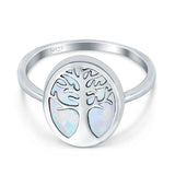 Oval Tree of Life Ring Lab Created White Opal Rhodium Plated 925 Sterling Silver