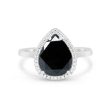 Halo Teardrop Wedding Ring Pear Simulated Black CZ 925 Sterling Silver