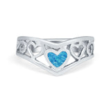 Created Blue Opal Heart Filigree Chevron Midi Thumb V Ring 925 Sterling Silver