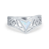 Lab Created White Opal Filigree Chevron Thumb V Ring Round 925 Sterling Silver