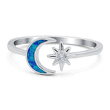 Moon & Star Ring Lab Created Blue Opal Simulated Cubic Zirconia 925 Sterling Silver