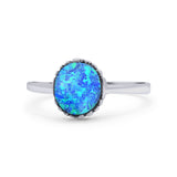 Petite Dainty Oxidized Thumb Ring Round Lab Created Blue Opal Solid 925 Sterling Silver