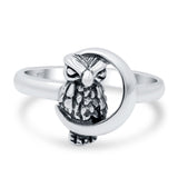 Moon and Owl Oxidized Band Solid 925 Sterling Silver Thumb Ring (13mm)