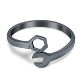 Mechanical Wrench Band Black Tone, Plain Ring 925 Sterling Silver