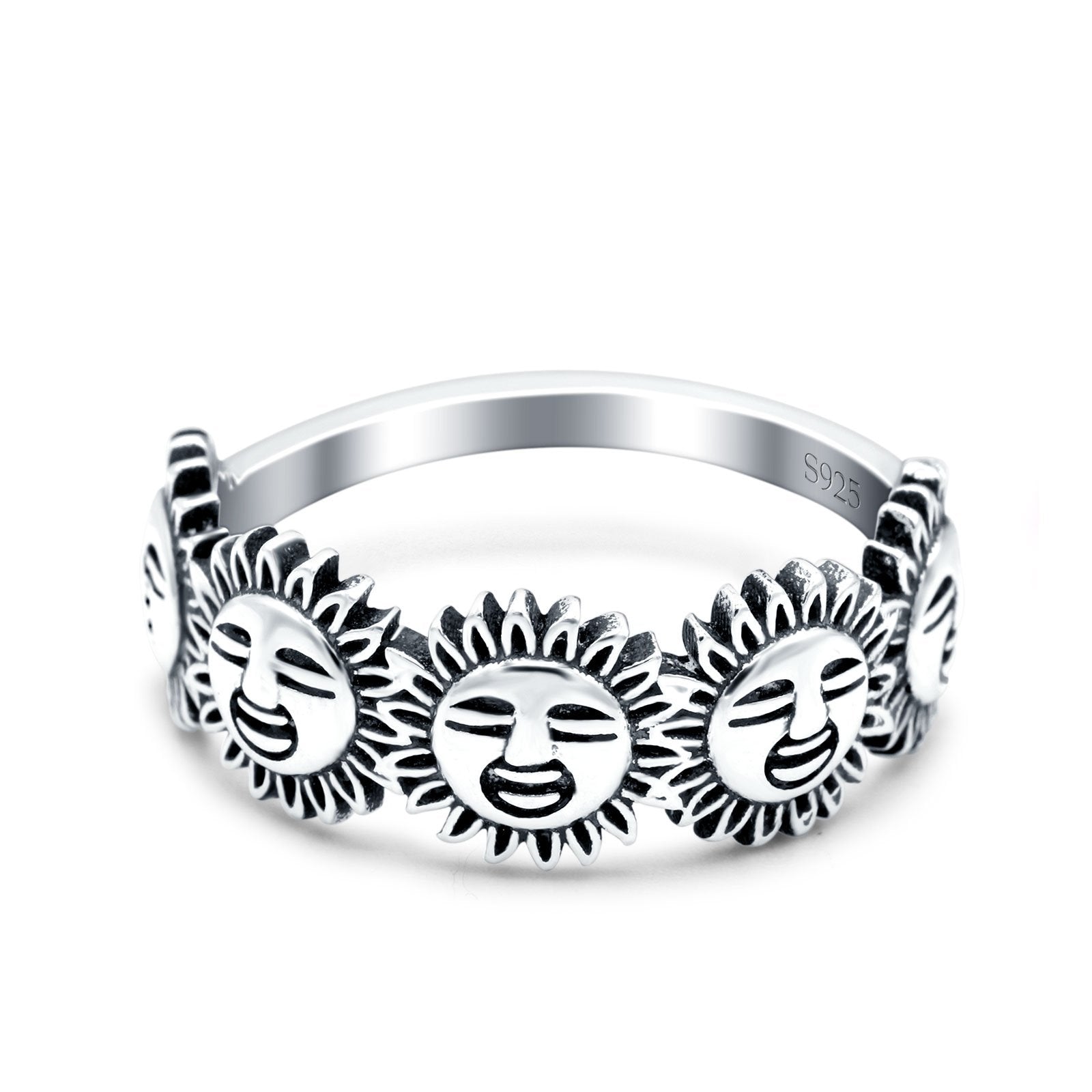 Sun Smiley Face Happy Sunflower Oxidized Band Solid 925 Sterling Silver Thumb Ring (7mm)