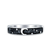 Moon & Stars Band Oxidized Solid 925 Sterling Silver Thumb Ring (4mm)