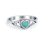 Filigree Heart Ring Simulated Turquoise CZ Oxidzied 925 Sterling Silver