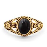 Antique Vintage Oval Yellow Tone, Simulated Black Onyx Ring Solid 925 Sterling Silver