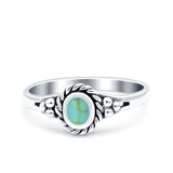 Vintage Style Petite Dainty Ring Solid Round Oxidized Simulated Turquoise 925 Sterling Silver