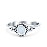 Vintage Style Lab Opal Petite Dainty Ring Solid Lab Created White Opal Round Oxidized 925 Sterling Silver