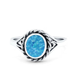 Filigree Petite Dainty Lab Opal Ring Solid Round Oxidized 925 Sterling Silver