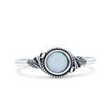 Filigree Petite Dainty Round Lab Created White Opal Promise Ring Band Oxidized 925 Sterling Silver
