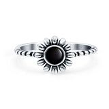 Flower Style Petite Dainty Round Ring Solid Oxidized Simulated Black Onyx 925 Sterling Silver