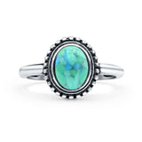 Petite Dainty Lab Opal Ring Solid Round Oxidized Simulated Turquoise 925 Sterling Silver