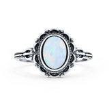 Vintage Style Petite Dainty Lab Created White Opal Ring Solid Oval Oxidized 925 Sterling Silver