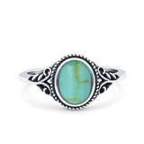 Vintage Style Oval Petite Dainty Ring Solid Oxidized Simulated Turquoise 925 Sterling Silver