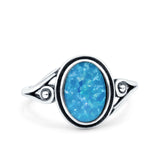 Petite Dainty Oval Vintage Style Ring Oxidized Lab Created Blue Opal Solid 925 Sterling Silver
