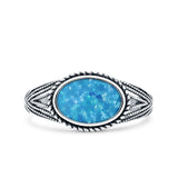 Vintage Style Petite Dainty Lab Opal Ring Solid Oval Oxidized Lab Created Blue Opal 925 Sterling Silver