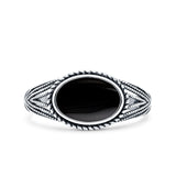 Vintage Style Petite Dainty Lab Opal Ring Solid Oval Oxidized Simulated Black Onyx 925 Sterling Silver