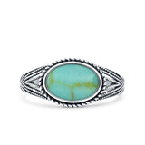 Vintage Style Petite Dainty Lab Opal Ring Solid Oval Oxidized Simulated Turquoise 925 Sterling Silver