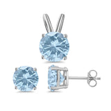 Jewelry Set Pendant Earring Round Simulated Aquamarine Cubic Zirconia 925 Sterling Silver