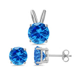 Jewelry Set Pendant Earring Round Simulated Blue Topaz Cubic Zirconia 925 Sterling Silver