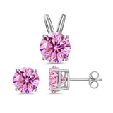 Jewelry Set Pendant Earring Round Simulated Pink Cubic Zirconia 925 Sterling Silver