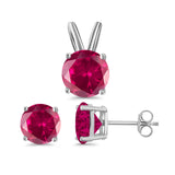 Jewelry Set Pendant Earring Round Simulated Ruby Cubic Zirconia 925 Sterling Silver