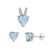 Heart Shape Jewelry Set Pendant Earring Simulated Aquamarine Cubic Zirconia 925 Sterling Silver