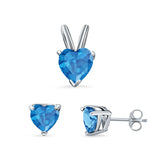 Heart Shape Jewelry Set Pendant Earring Simulated Blue Topaz Cubic Zirconia 925 Sterling Silver