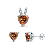 Heart Shape Jewelry Set Pendant Earring Simulated Champagne Cubic Zirconia 925 Sterling Silver