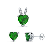 Heart Shape Jewelry Set Pendant Earring Simulated Green Emerald Cubic Zirconia 925 Sterling Silver